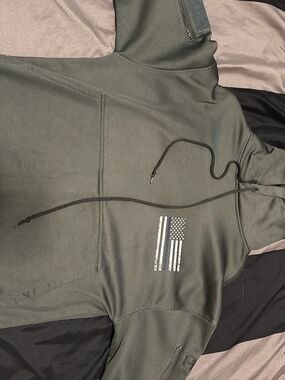 Men's Olive Zip-Up Hoodie with Distressed Flag Detail